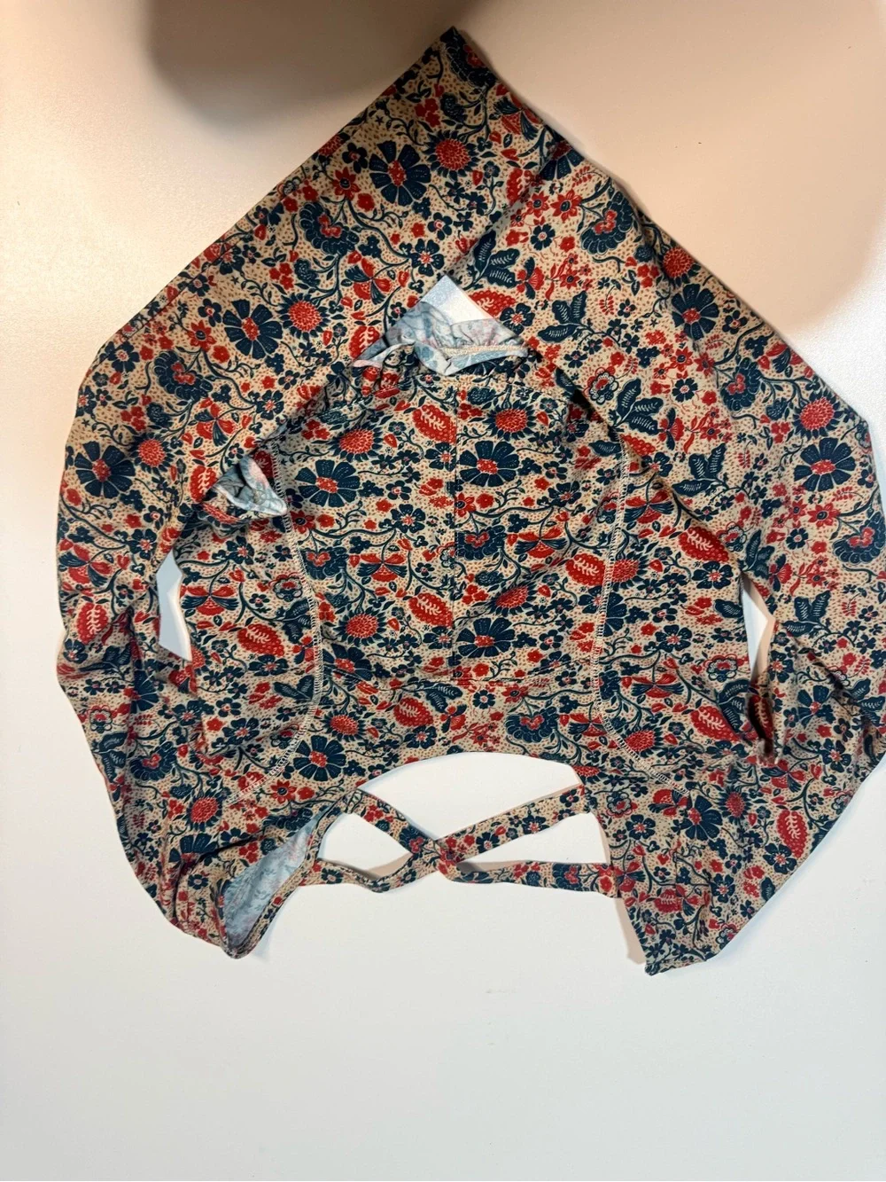 Free People Floral Scoop-Neck Crop Top - Cream with Pink & Blue